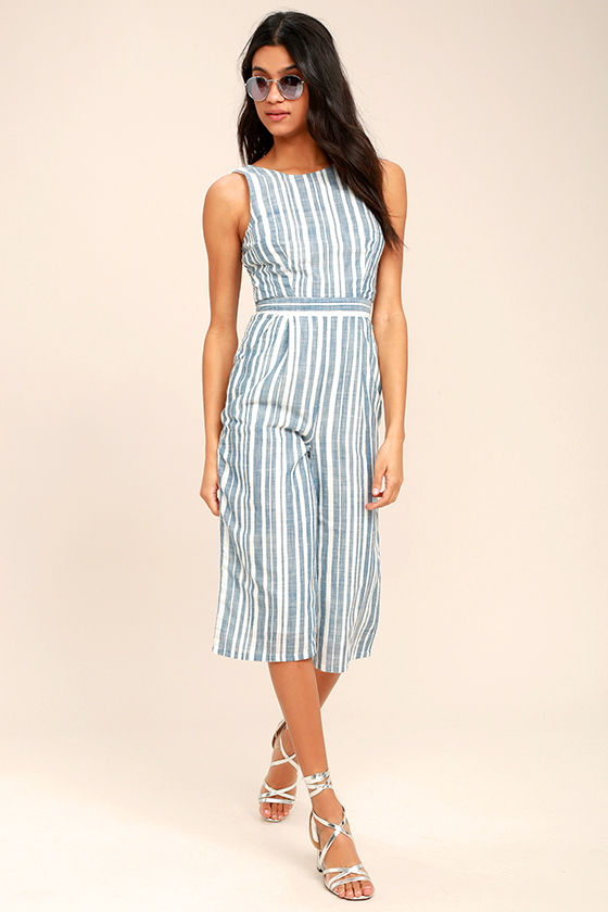 My Dearest Blue and White Striped Midi Jumpsuit