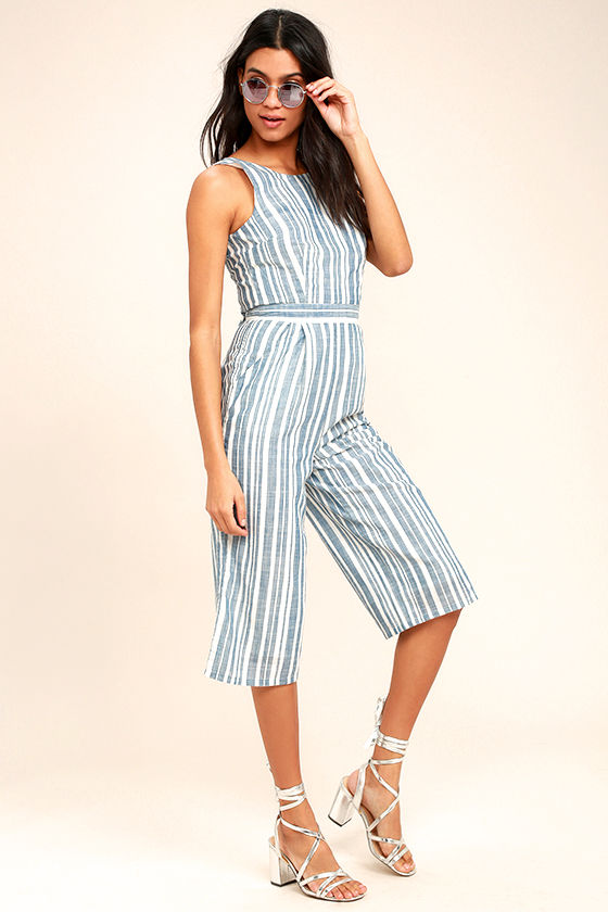 blue and white striped jumpsuit