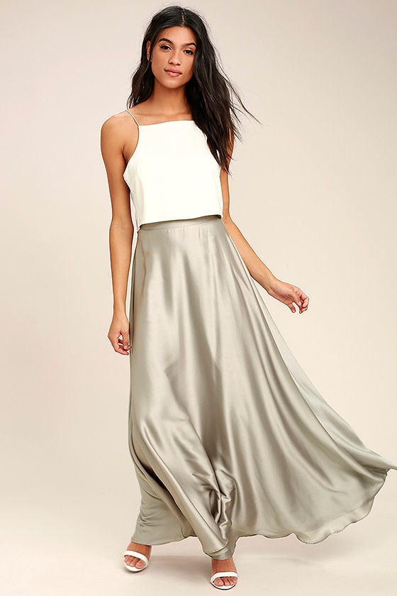 Picture Perfect Light Grey Satin Maxi Skirt 1