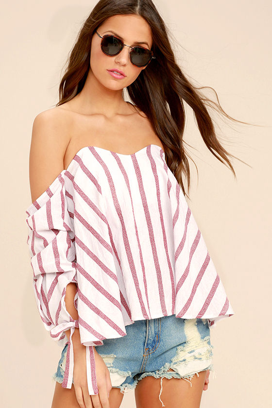 red and white striped off the shoulder top