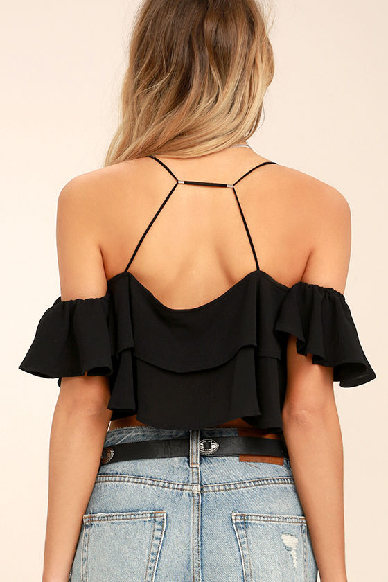 Cute Black Top Crop Top OfftheShoulder Top Ruffled Top 39.00