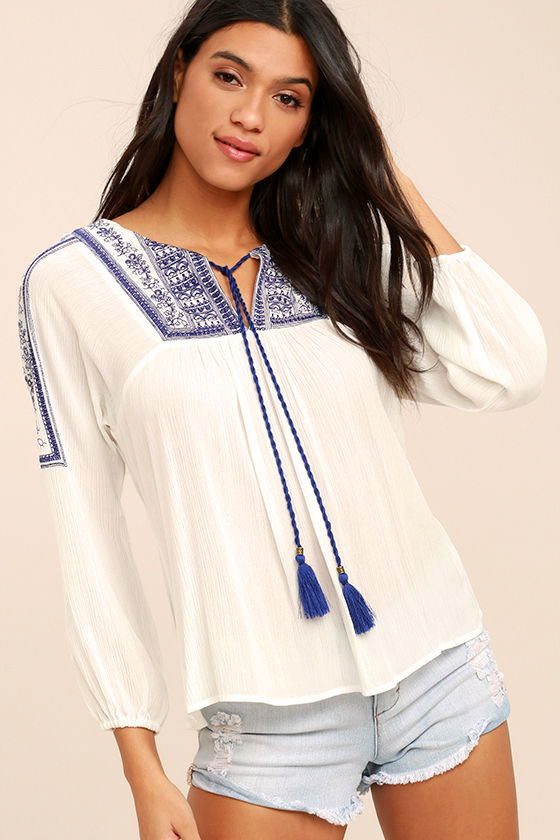 Cute Blue and White Top White Embroidered Top Tassel Top 48.00