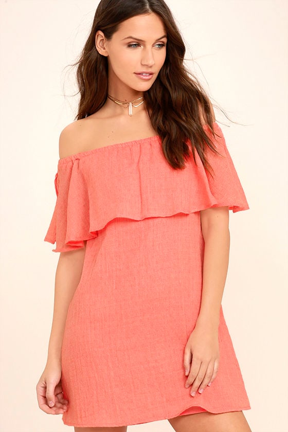 Hello Sunshine Coral Orange Off-the-Shoulder Dress