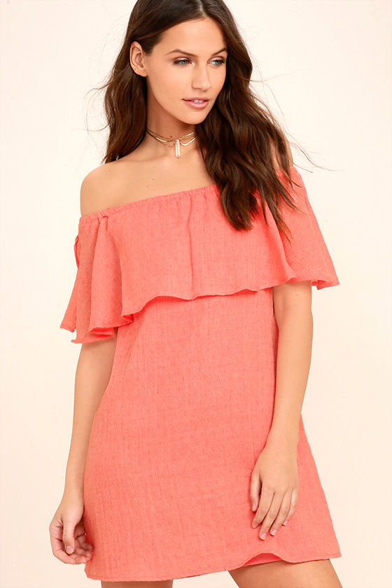 Hello Sunshine Coral Orange Off-the-Shoulder Dress 1