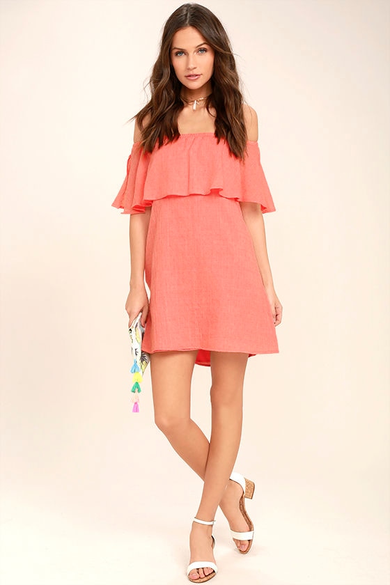 Cute Coral Orange Dress - Off-the-Shoulder Dress - Shift Dress - $59.00 ...
