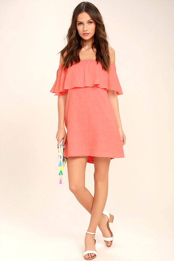 Hello Sunshine Coral Orange Off-the-Shoulder Dress 2