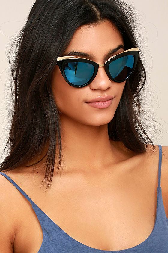 Cool Black and Blue Sunglasses Mirrored Sunglasses CatEye Sunglasses 20.00 Lulus