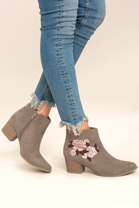 Feronia Taupe Suede Embroidered Ankle Booties 2