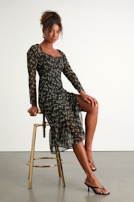 Perfectly Elevated Black Floral Long Sleeve Midi Dress 1