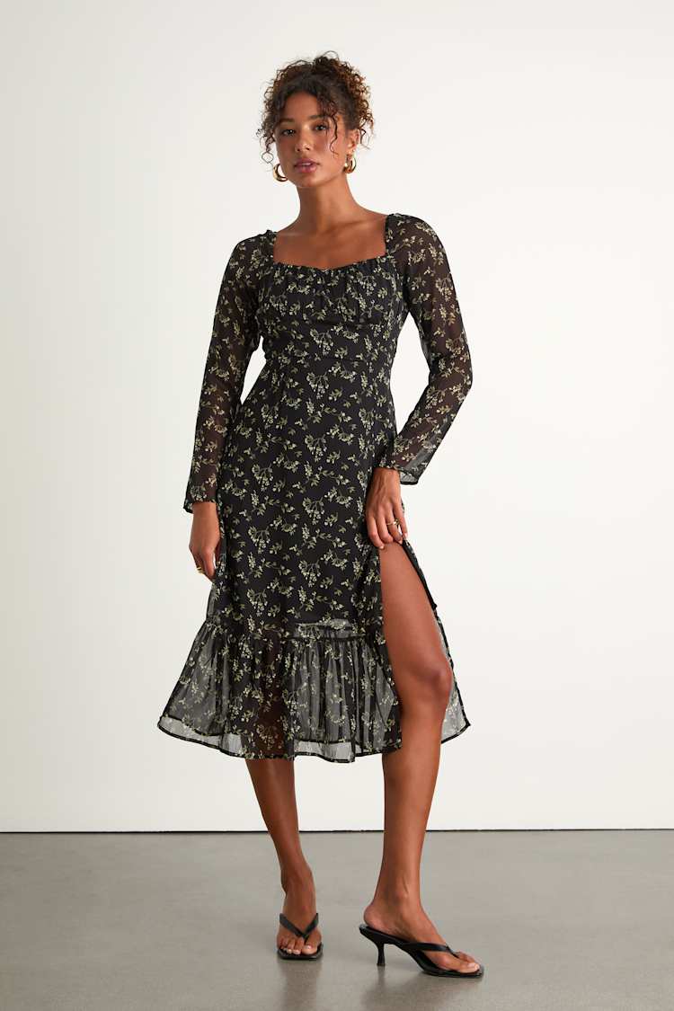 Black Floral Dress - Long Sleeve Midi Dress - Floral Midi Dress - Lulus