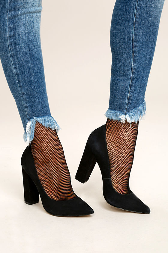 black fishnet sock heels
