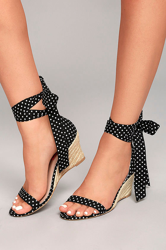 Betsey Johnson Jemi Black and White Polka Dot Lace-Up Wedges 1