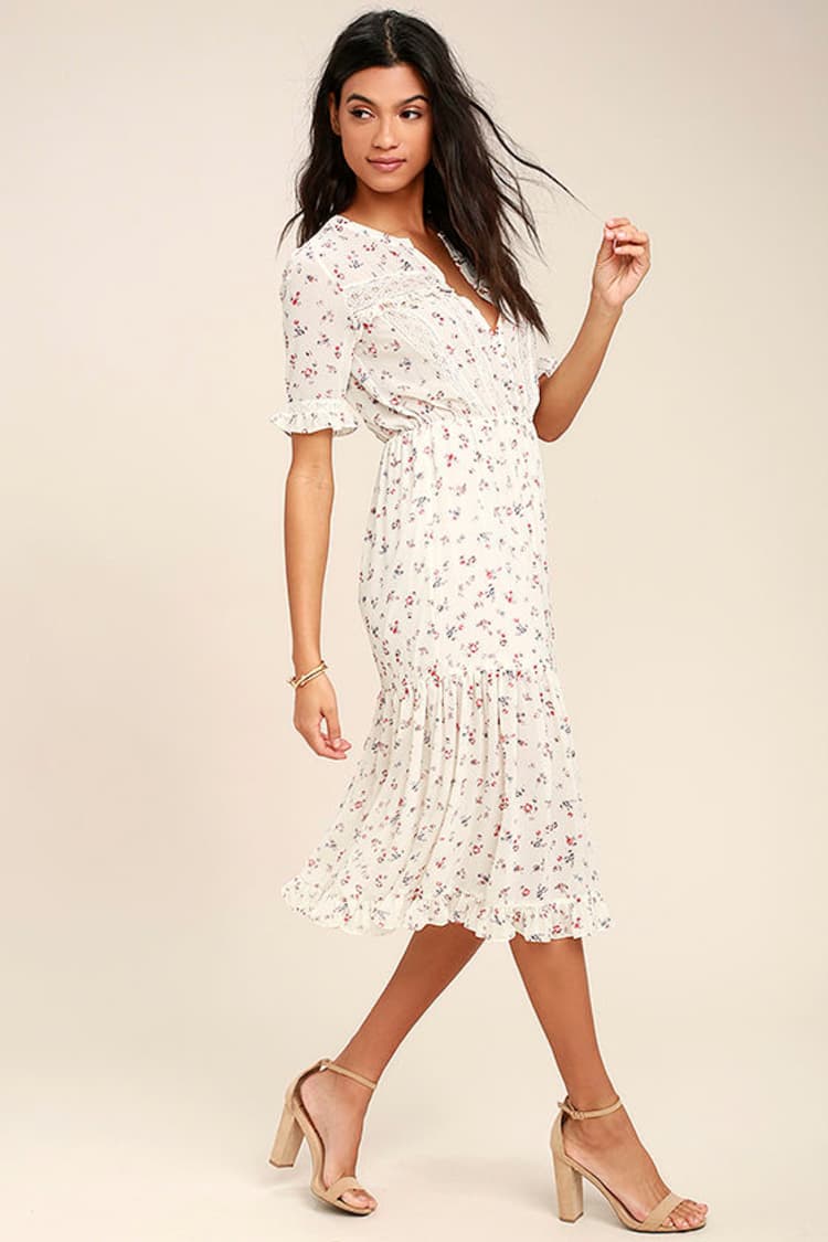 Lovely Cream Dress - Floral Print Dress - Crochet Lace Dress - Midi Dress -  $74.00 - Lulus