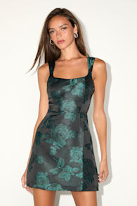 Brighter Side Black and Green Floral Satin Jacquard Mini Dress 1