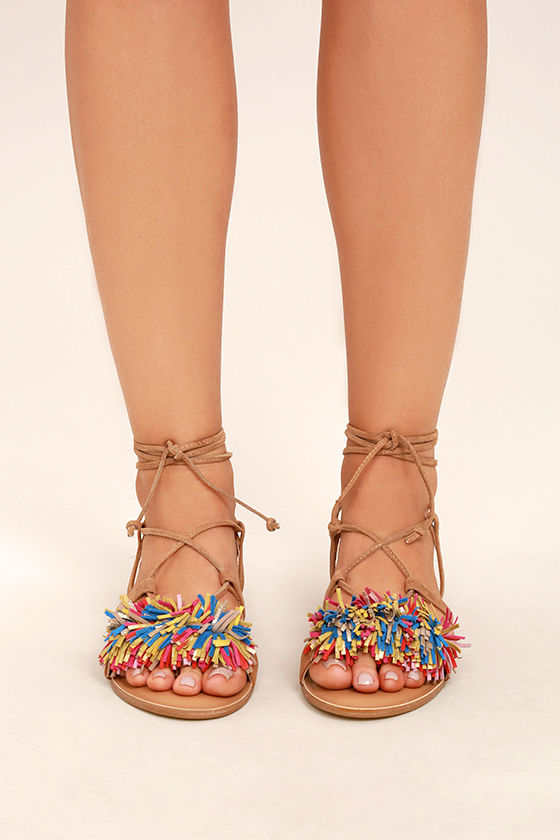 Steve Madden Swizzle Natural Multi Suede Leather Lace-Up Sandals 2