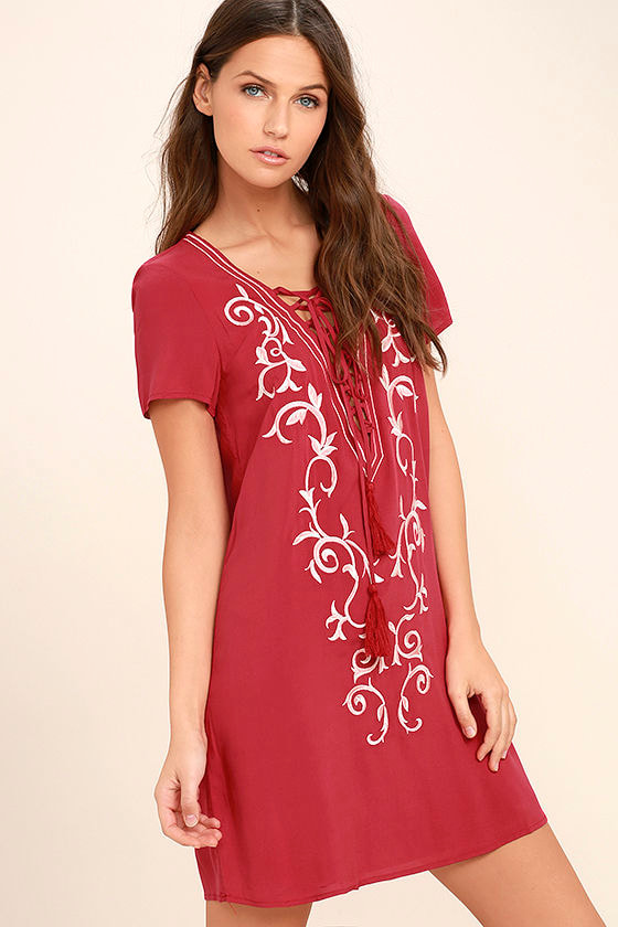 Down in Kokomo Red Embroidered Lace-Up Dress