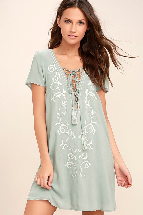 sage embroidered dress