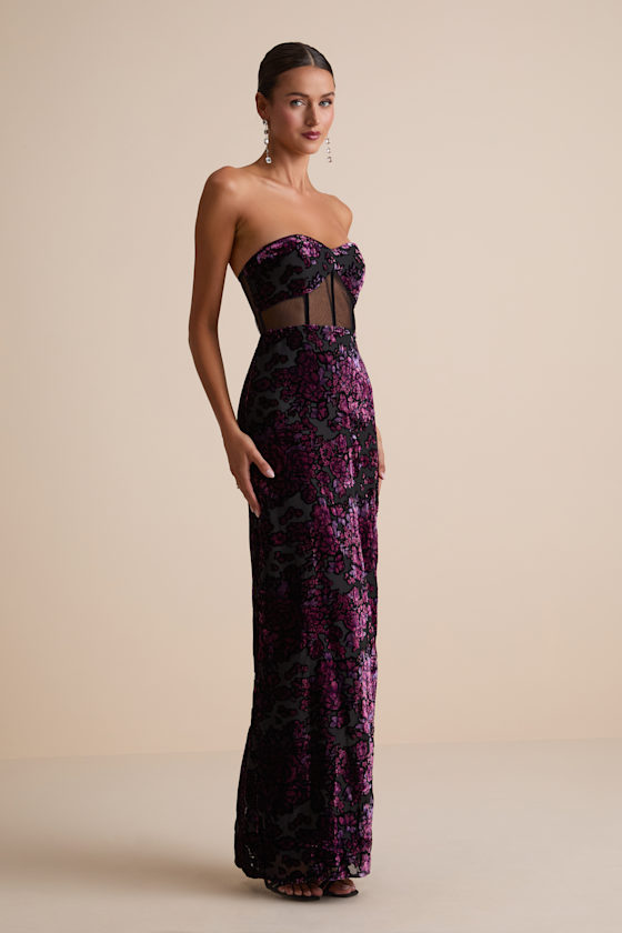 Breathtaking View Black Mesh Burnout Velvet Strapless Maxi Dress 2