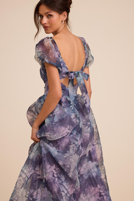 Lovely Statement Purple Floral Organza Tie-Back Midi Dress 1