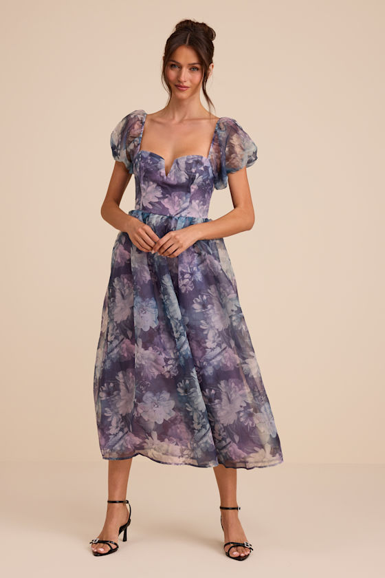 Lovely Statement Purple Floral Organza Tie-Back Midi Dress 2