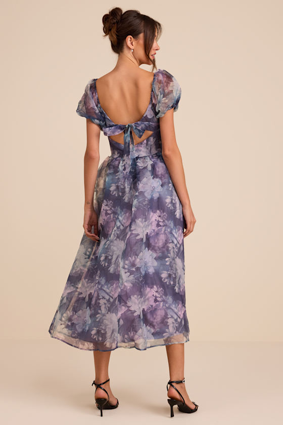 Lovely Statement Purple Floral Organza Tie-Back Midi Dress - thumbnail 4