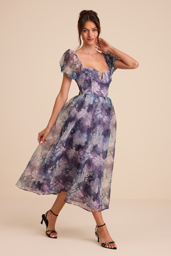 Lovely Statement Purple Floral Organza Tie-Back Midi Dress - thumbnail 5