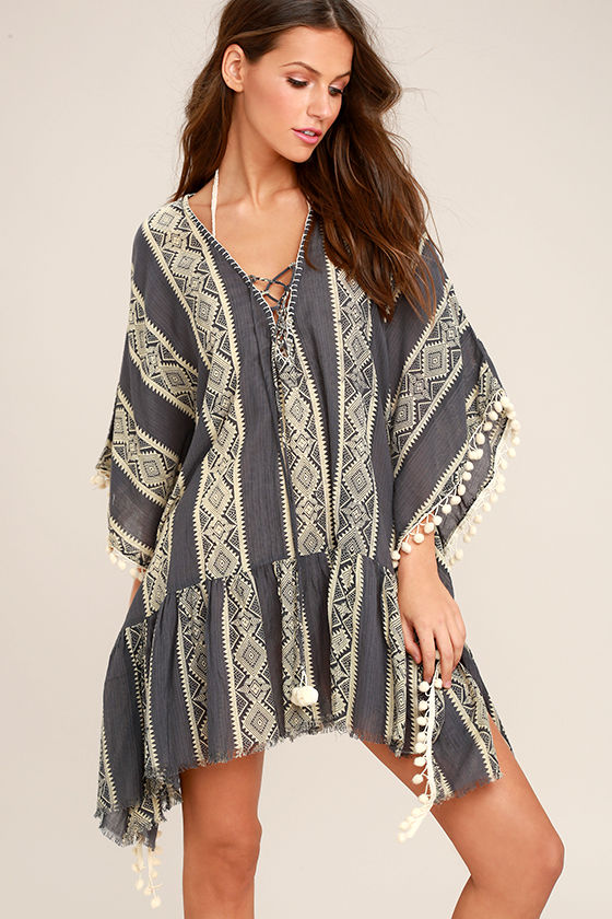 Cool Charcoal Grey CoverUp Print CoverUp Pompom CoverUp 78.00 Lulus