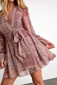 Breezy Wanderings Rust Red Boho Print Long Sleeve Mini Dress 1