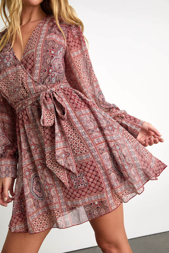 Breezy Wanderings Rust Red Boho Print Long Sleeve Mini Dress 1