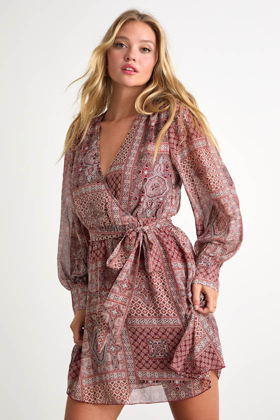 Breezy Wanderings Rust Red Boho Print Long Sleeve Mini Dress 2