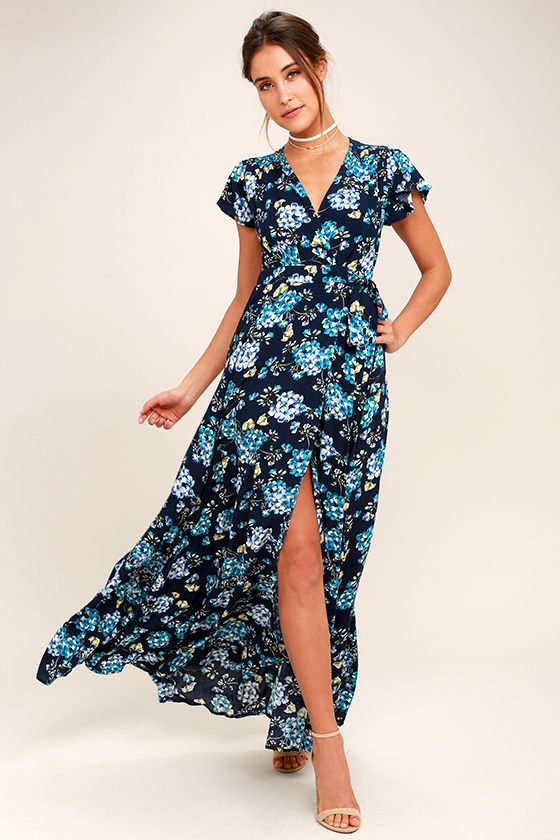 Lovely Navy Blue Floral Print Dress - Wrap Dress - Maxi Dress - $59.00