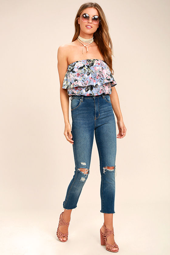Move Freely Periwinkle Blue Floral Print Strapless Crop Top