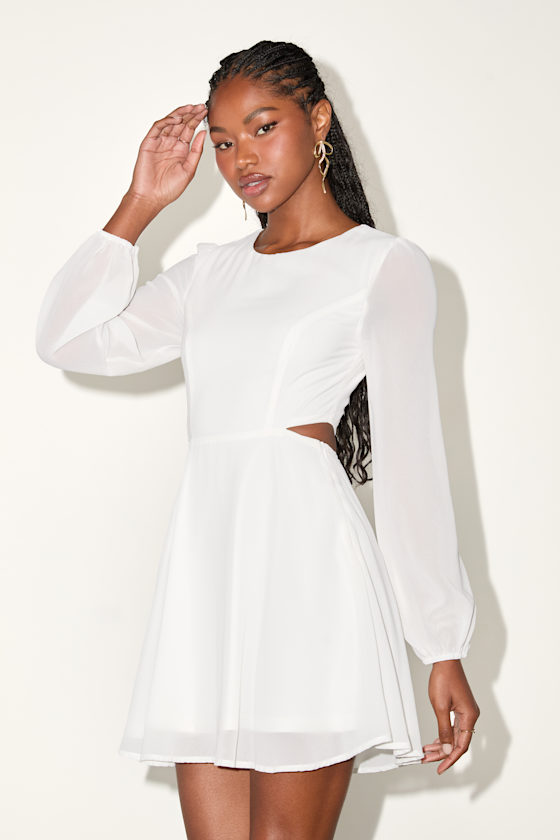 Image of Garden Bliss White Long Sleeve Cutout Mini Dress