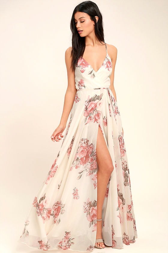 Lovely Cream Floral Print Dress - Wrap 