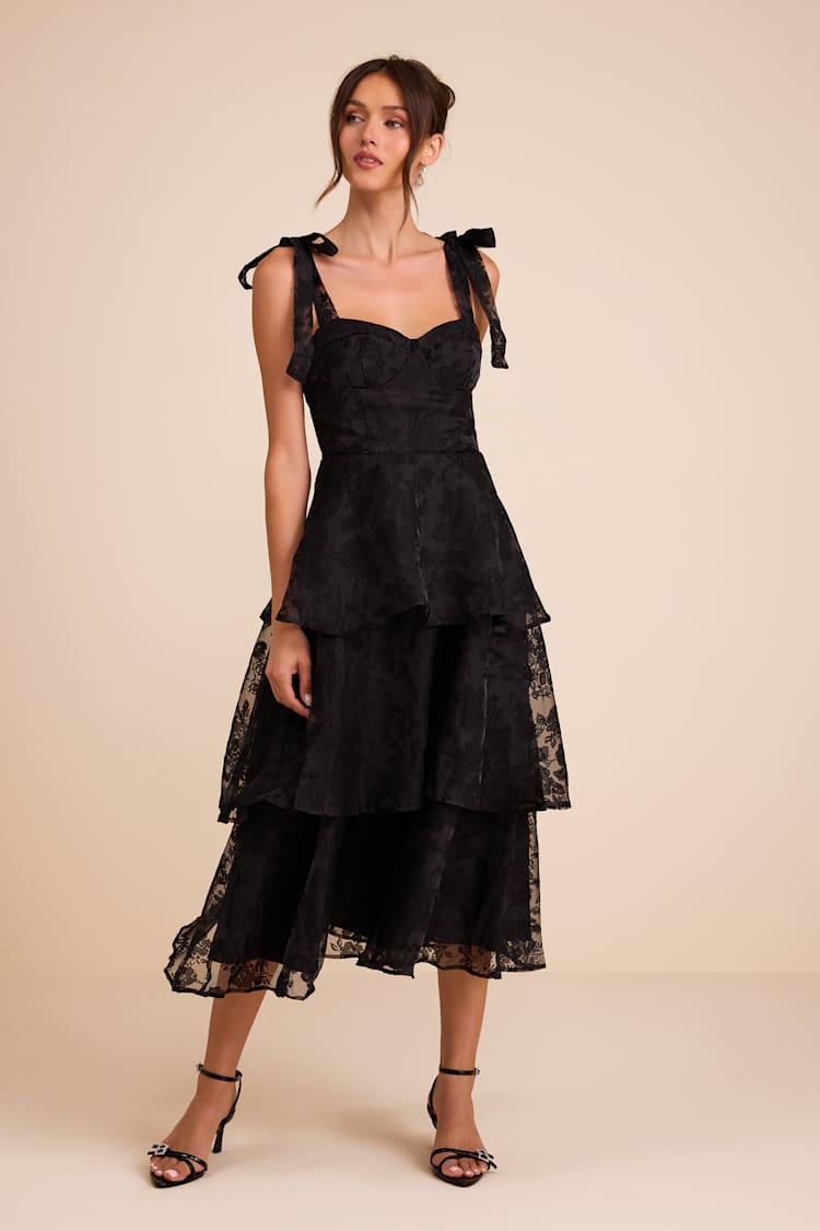 glamorous sweetie black burnout tie strap bustier midi dress Lulus | Dresses | Lulus Glamorous Sweetie Black Burnout Tiestrap Bustier Midi Dress Size Xl