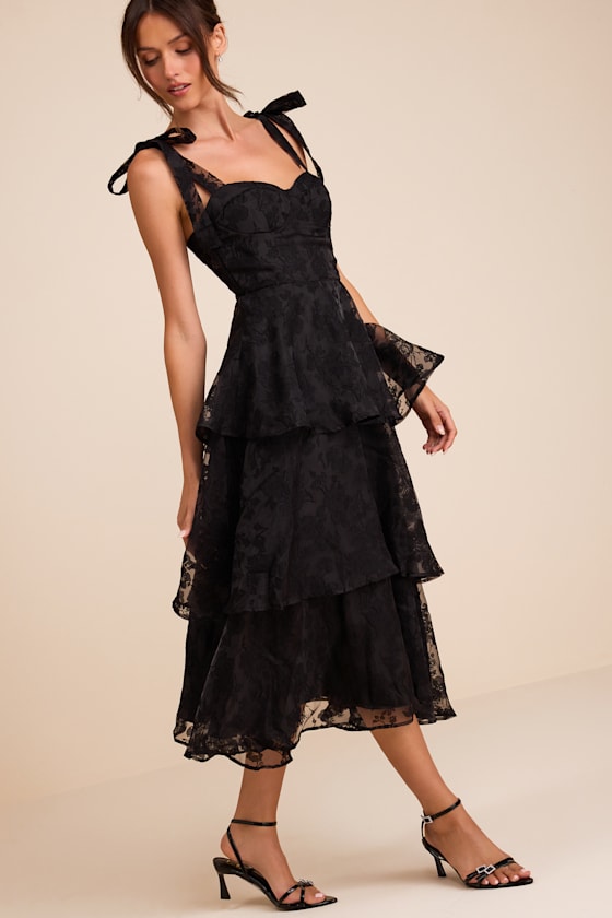Glamorous Sweetie Black Burnout Tie-Strap Bustier Midi Dress - thumbnail 4