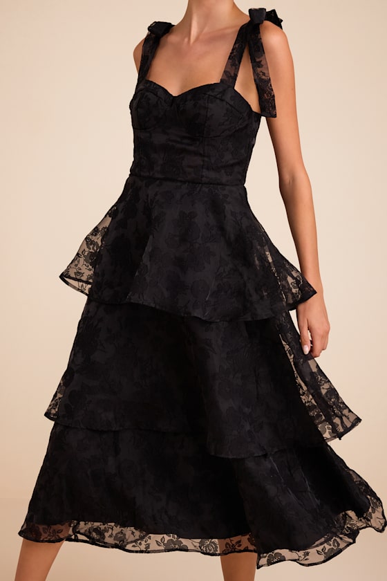Glamorous Sweetie Black Burnout Tie-Strap Bustier Midi Dress - thumbnail 5