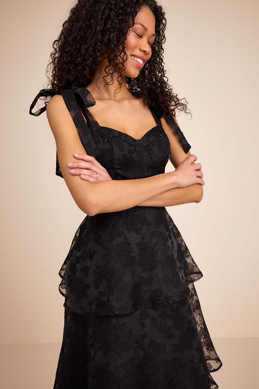 Black Burnout Dress - Tie-Strap Midi Dress - Bustier Midi Dress - Lulus