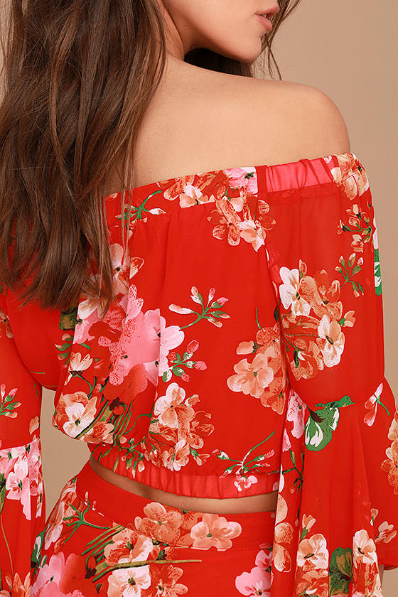 Cute Red Floral Print Top OfftheShoulder Crop Top Bell Sleeve
