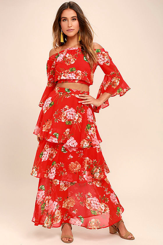 Carefully Cultivated Red Floral Print Maxi Skirt 1