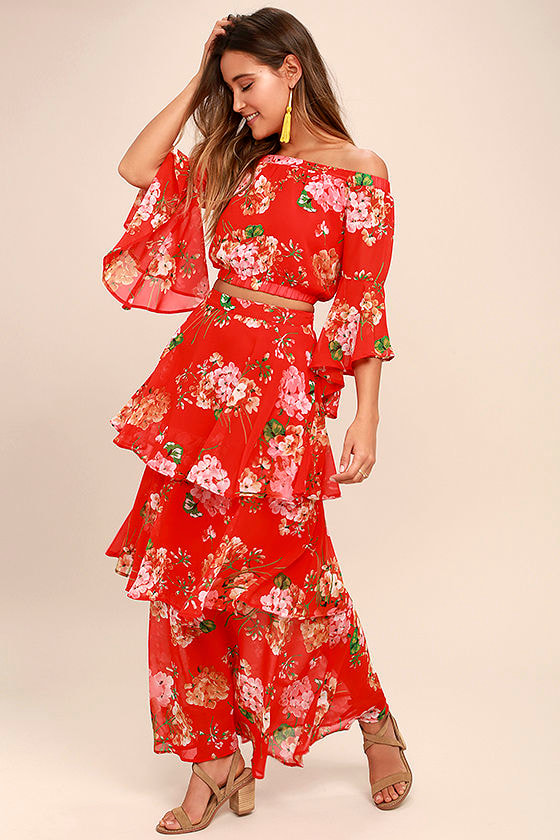 Lovely Red Floral Print Skirt - Maxi Skirt - Tiered Maxi Skirt - $46.00