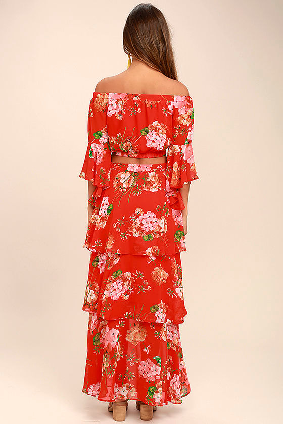 Lovely Red Floral Print Skirt - Maxi Skirt - Tiered Maxi Skirt - $46.00