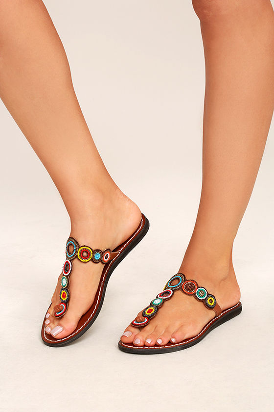 Mia Apache Brown Bright Multi Beaded Thong Sandals