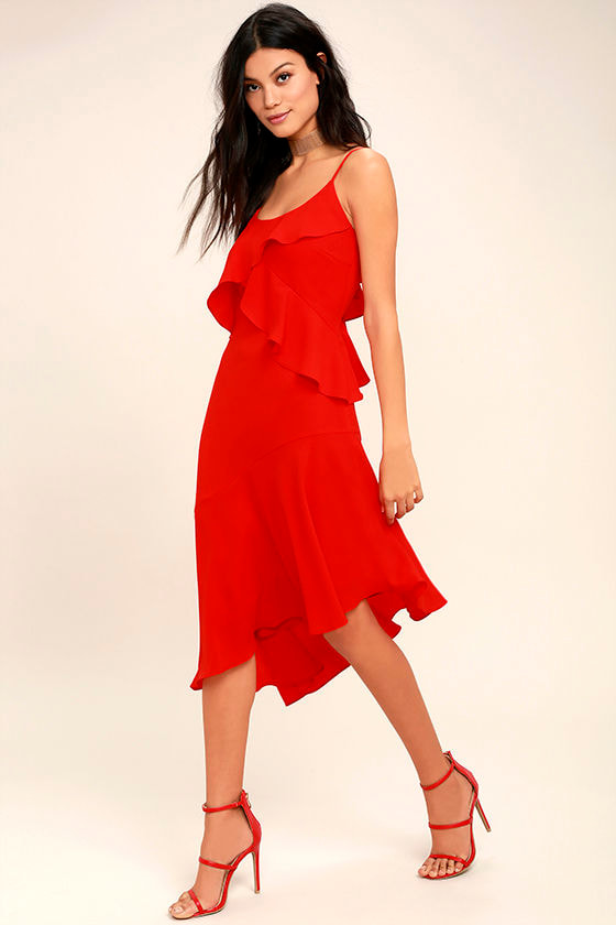 red sleeveless midi dress