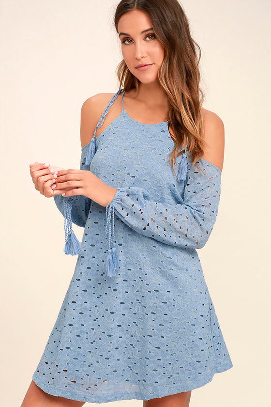J.O.A. Soul Mate Light Blue Lace Off-the-Shoulder Dress 1