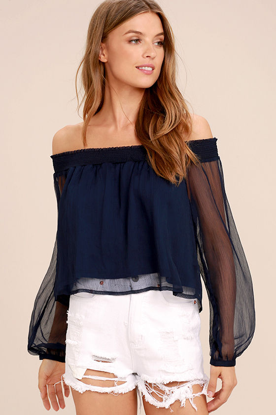 Cute Navy Blue Top - Crop Top - Off-the-Shoulder Top - Long Sleeve Top ...