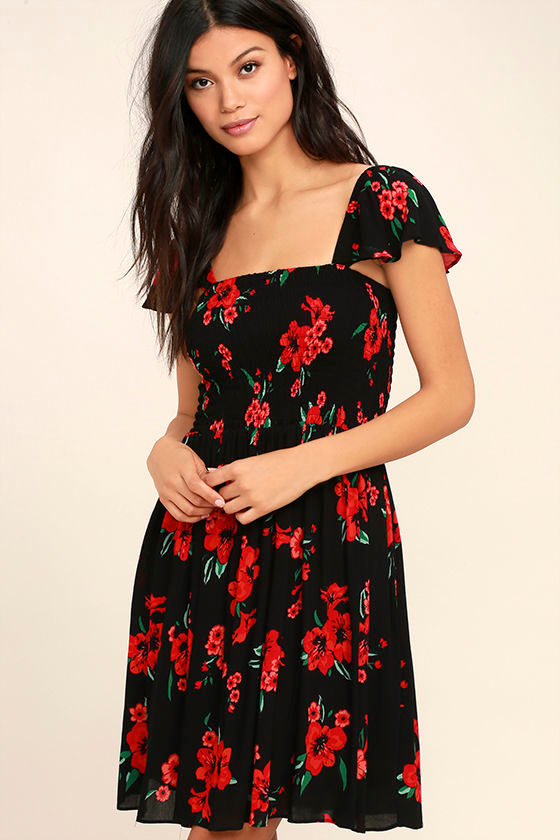 Black Floral Print Dress 