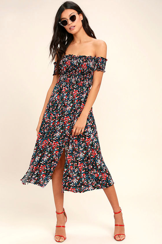 View from the Meadow Black Floral Print Off-the-Shoulder Dress