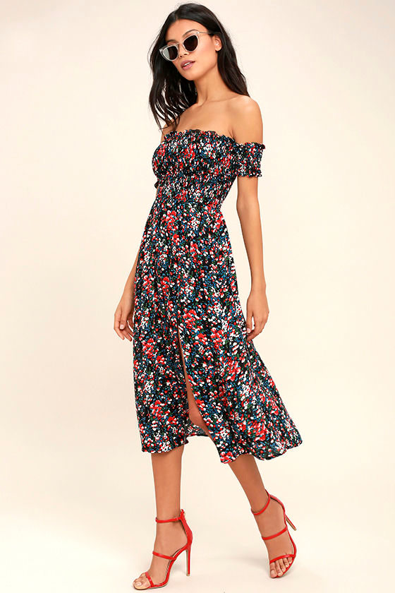 Black Floral Print Dress -Off-the 