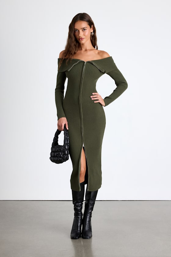 Olive Green Midi Sweater Dress - OTS Dress - Zip-Front Dress - Lulus